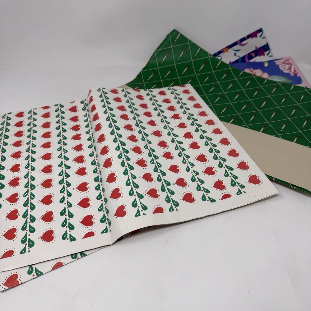 Vintage Lot  Folded Wrapping Paper Gift Wrap Hearts Winter Green‎ Berries